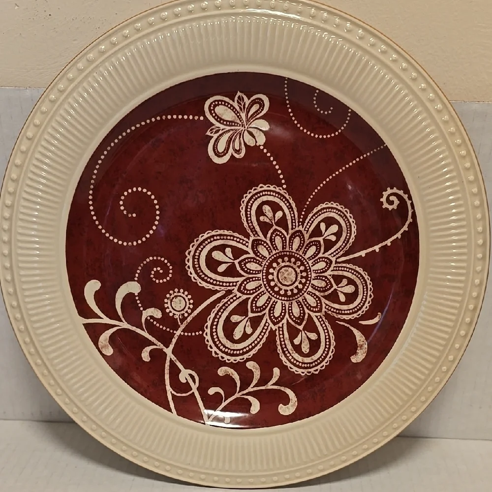 Pair of Pier 1 Maribeth Floral Red and Cream Dinner Plates